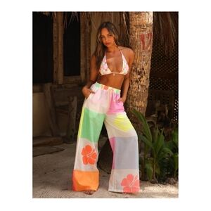 Kulani Kinis  Large Colorful Hibiscus Print Wide-Leg Pull-On Pants
